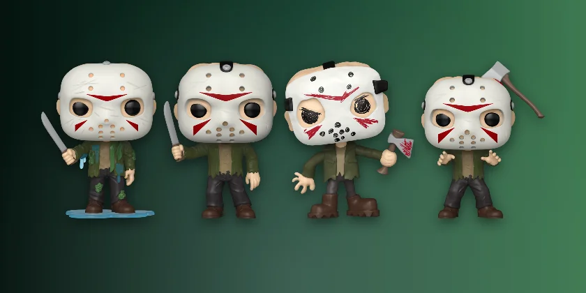 Funko Pop Friday the 13th figures Jason Voorhees Waterlogged, Jason, Jason Doodles and Jason with Axe in Head