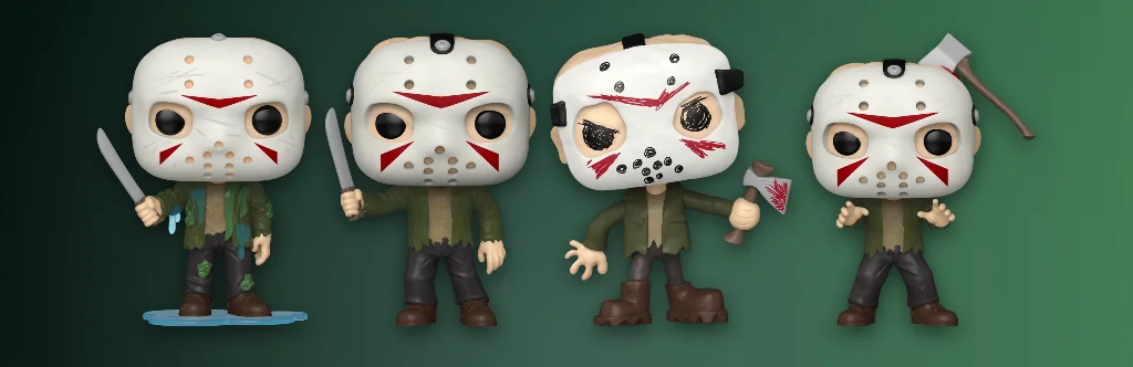 Funko Pop Friday the 13th figures Jason Voorhees Waterlogged, Jason, Jason Doodles and Jason with Axe in Head