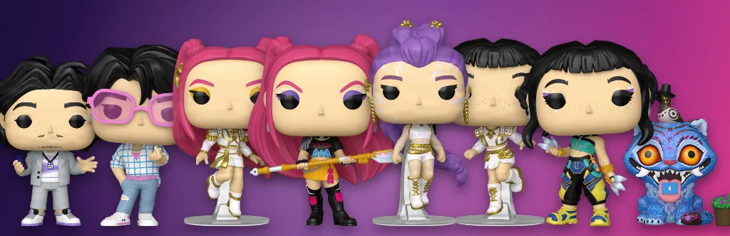 Funko Pop KPop Demon Hunters figures including Bobby, Jinu, Mira, Rumi, Zoey and Derpy