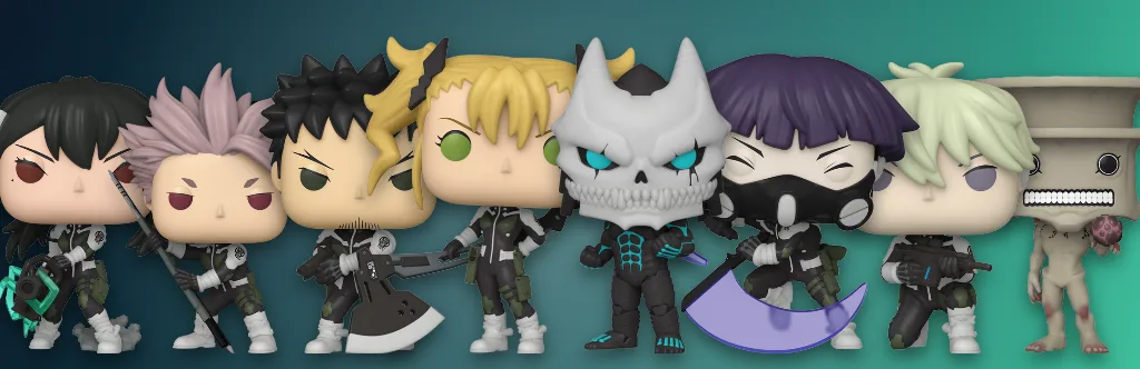 Funko Pop Kaiju No. 8 figures Mina Ashiro, Gen Narumi, Kafka Hibino, Kikoru Shinomiya, Kaiju No. 8, Soshiro Hoshina, Reno Ichikawa and Kaiju No. 9