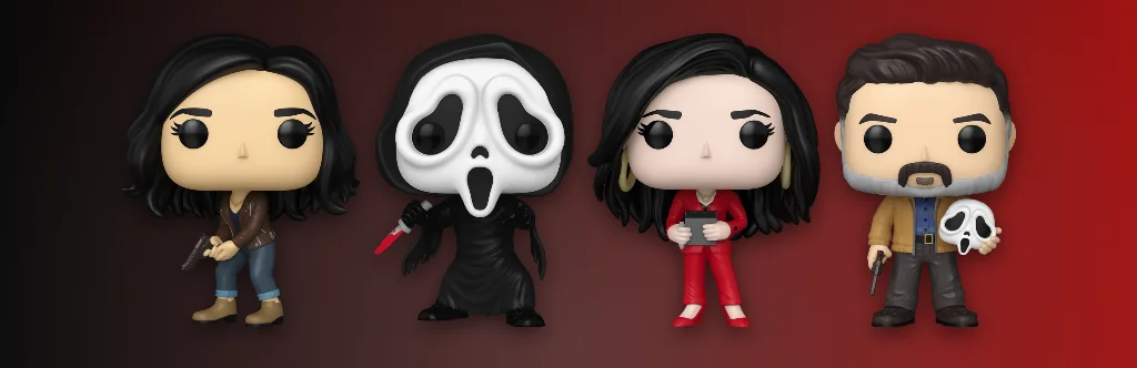 Funko Pop Scream figures Sidney Prescott, Ghost Face, Gale Weathers and Dewey Riley
