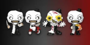 Funko Pop Terrifier figures Art the Clown, Art the Clown with Bike, Art the Clown Doodles and Art the Clown with Flamethrower