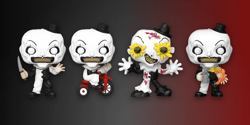 Funko Pop Terrifier figures Art the Clown, Art the Clown with Bike, Art the Clown Doodles and Art the Clown with Flamethrower