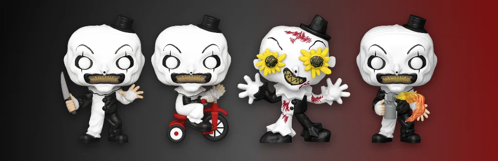 Funko Pop Terrifier figures Art the Clown, Art the Clown with Bike, Art the Clown Doodles and Art the Clown with Flamethrower